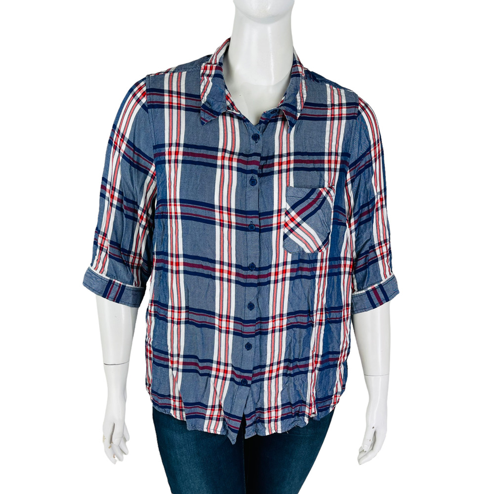 Catherines Womans Sz 1X 18/20 Plus Short Sleeve Plaid Button Front Blouse Blue